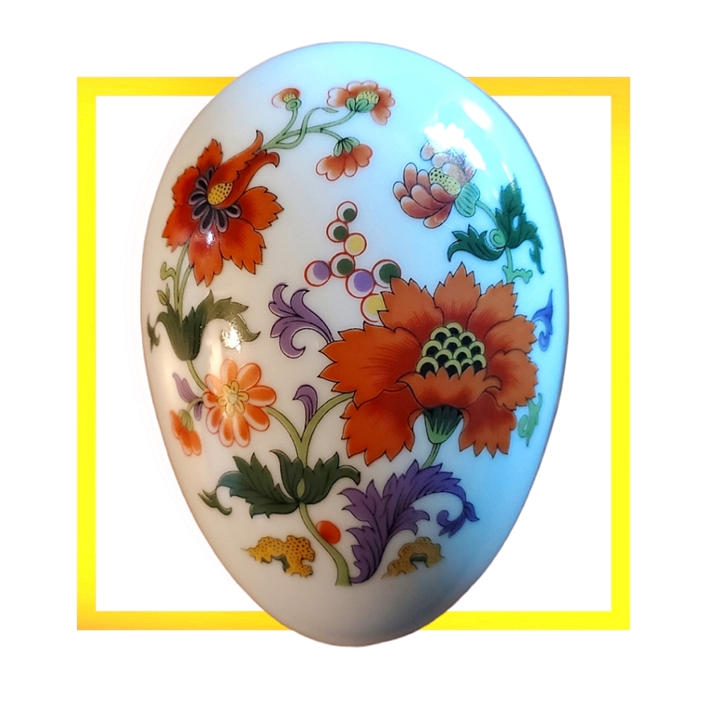 Limoges French Porcelain Egg Shaped Trinket Box with Orange Flowers